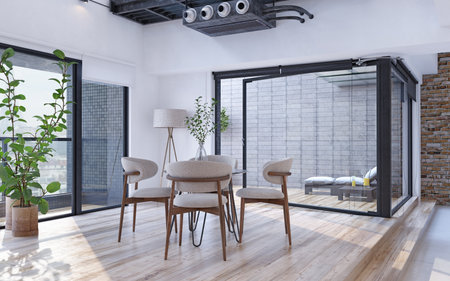 Modern dining area with minimalist wood accents, cozy chairs, round table, and bright lighting. 3d renderの写真素材