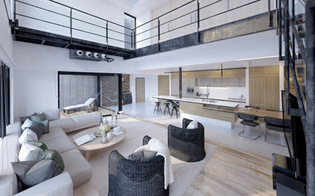 Bright, spacious loft-style living room with large windows, minimalist decor, urban atmosphere, cozy furniture. 3d renderの写真素材
