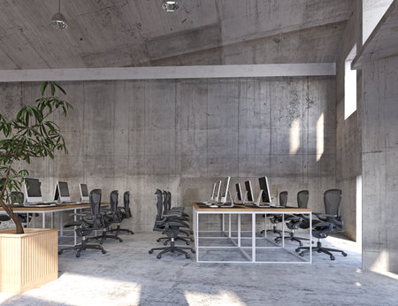 A sleek, office room with a minimalist design, and large concrete windows flooding the space with light.の写真素材