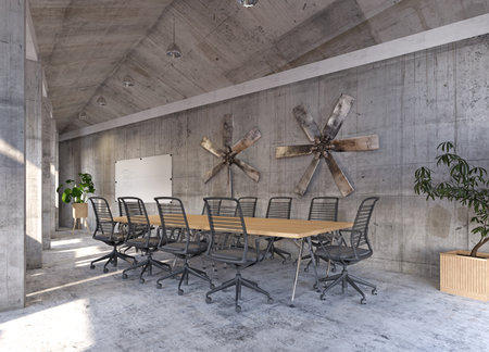 A sleek, office conference room with a minimalist design, featuring a long table, and large concrete windows flooding the space with light. 3D renderの写真素材