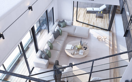 Bright, spacious loft-style living room with large windows, minimalist decor, urban atmosphere, cozy furniture. 3d renderの写真素材