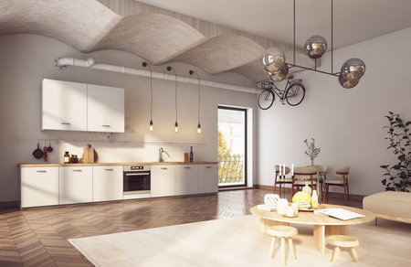 Modern minimalist interior with white cabinets, wooden flooring, and a bicycle mounted on the wall, 3d renderの写真素材