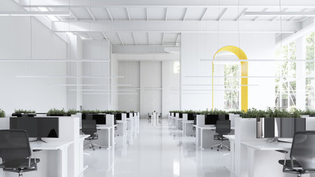 Sleek, modern office space with natural light and greenery. 3d rendering