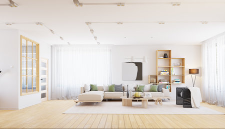 Spacious and modern living room interior featuring a large beige sofa , wooden furniture, natural light from floor-to-ceiling windows, 3d renderingの写真素材