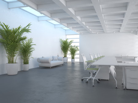 Minimalist conference room with white furniture, plants, and natural lighting. 3d renderingの写真素材