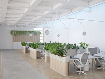 Sleek, modern office space with natural light and greenery. 3d renderingの写真素材