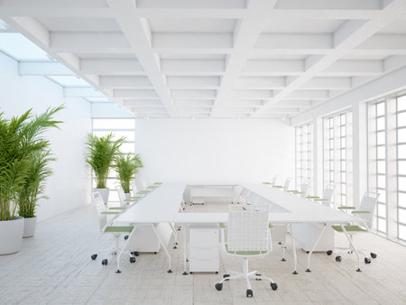 Minimalist conference room with white furniture, plants, and natural lighting. 3d renderingの写真素材