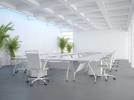 Minimalist conference room with white furniture, plants, and natural lighting. 3d renderingの写真素材