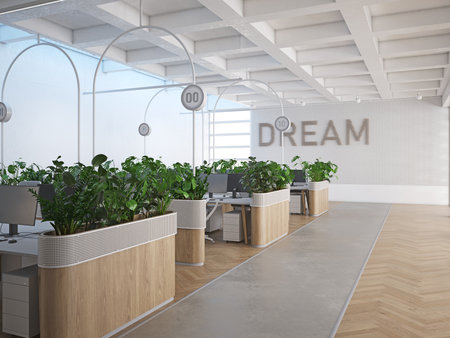 Sleek, modern office space with natural light and greenery. 3d renderingの写真素材