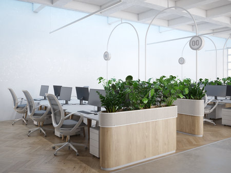 Sleek, modern office space with natural light and greenery. 3d renderingの写真素材