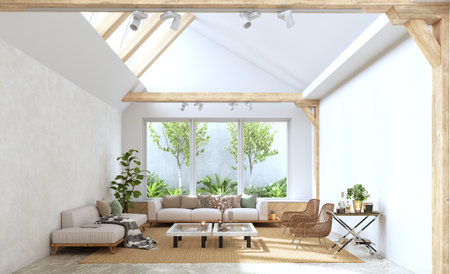 A modern, bright living room featuring natural light from a skylight and large windows. 3D render designの写真素材