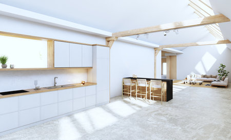 A contemporary, open kitchen with natural light streaming in through large windows. 3d renderの写真素材