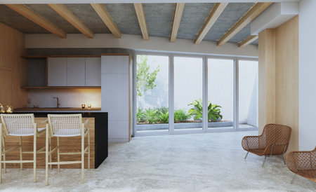 A contemporary, open kitchen with natural light streaming in through large windows. 3d renderの写真素材