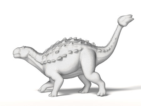 A white wireframe model of a ankylosaur, featuring clean geometric shapes and smooth contours, displayed on a white background. 3d renderの写真素材