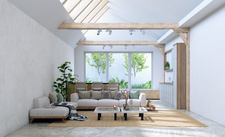 A modern, bright living room featuring natural light from a skylight and large windows. 3D render designの写真素材