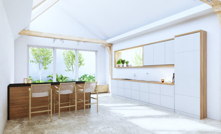 A contemporary, open kitchen with natural light streaming in through large windows. 3d renderの写真素材