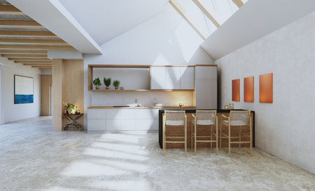 A contemporary, open kitchen with natural light streaming in through large windows. 3d renderの写真素材