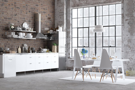 Stylish kitchen with brick wall, white cabinets, and dining area. 3D rendering.の写真素材
