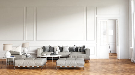 Elegant living room with white walls, wooden floor, and cozy sofa. 3D rendering.