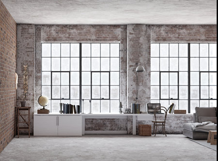 Industrial loft with brick walls, large windows, and modern furniture. 3D rendering.の写真素材