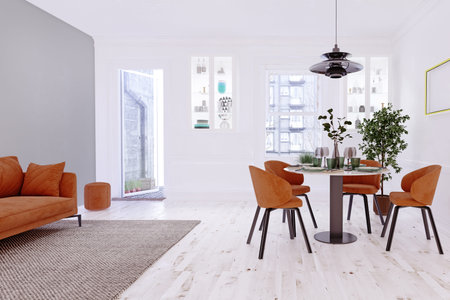 A modern living room with a brown sofa, green wall, dining area, wooden floors, natural light, and...