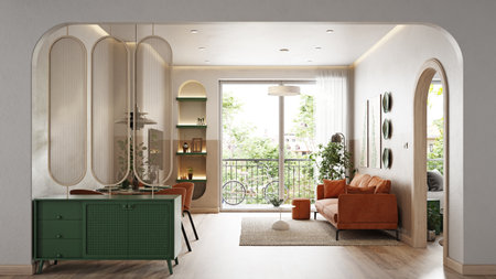 A modern living room with a brown sofa and dining area, wooden floors, natural light, and minimalist decor. 3d renderingの写真素材