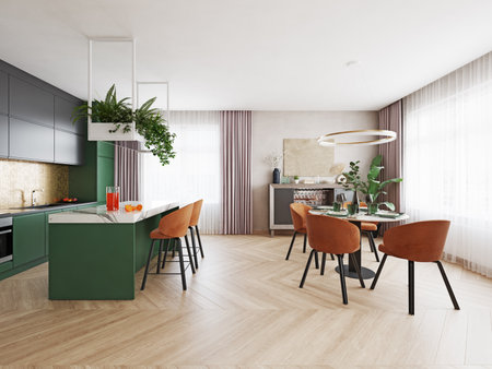 A modern kitchen and dining area with earthy tones and green plants. 3d renderの写真素材