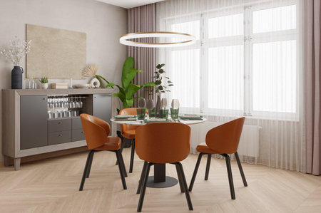 Modern dining area with orange chairs, green plants, and stylish decor. 3d renderの写真素材