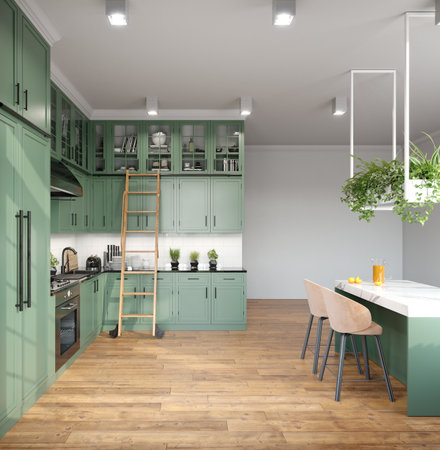 Green kitchen with white countertops, hanging plants, and wooden ladder. 3d renderの写真素材
