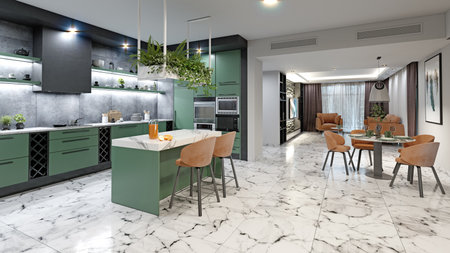 Modern kitchen with green cabinets, marble floor, and hanging plants. 3d renderの写真素材