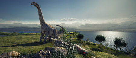 Dinosaur standing on a rocky hillside near a lake. 3d renderの写真素材