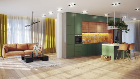 A vibrant kitchen with green cabinets, orange accents, and a built-in refrigerator.の写真素材