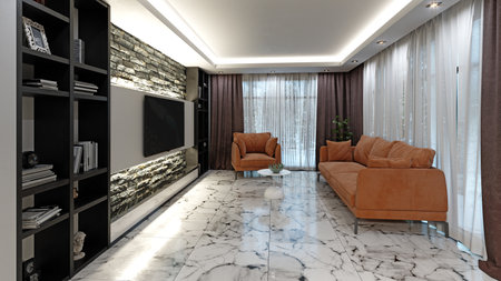 Cozy living room with orange sofas, marble flooring, black bookshelves, and stone wall decor. 3d renderの写真素材