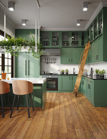 Green kitchen with white countertops, hanging plants, and wooden ladder. 3d renderの写真素材