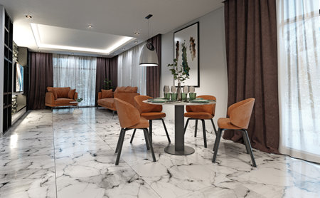 Open-plan dining and living space with orange chairs, round table, and large marble tiles. 3d renderの写真素材