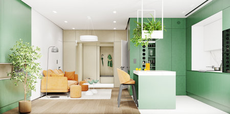 Modern kitchen interior with green cabinets, island and pendant lighting. 3d rendering.の写真素材