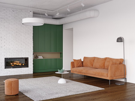 Bright living room with white walls, wood floor and modern sofa. 3d rendering.の写真素材