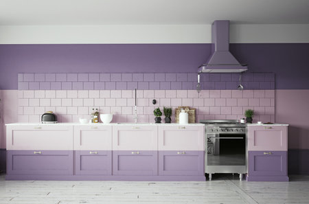 Spacious kitchen window hints freedom and natural light 3D rendering.の写真素材