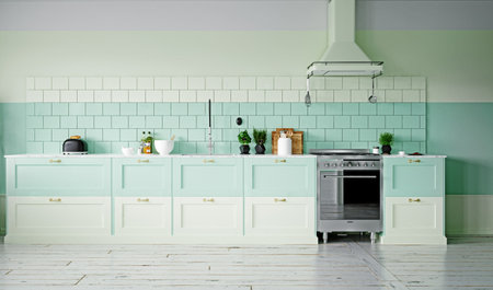 Modern green kitchen evokes freshness and contemporary style 3D rendering.の写真素材