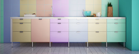 Purple kitchen with oven symbolizes innovation and style.の写真素材