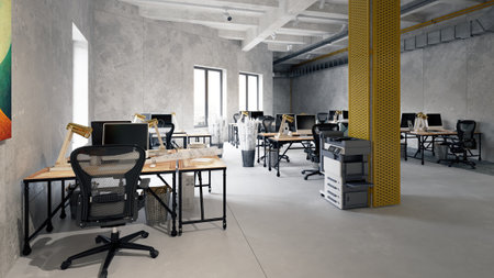 Spacious industrial office interior, high ceilings, shared desks, fostering teamwork. 3D rendering.の写真素材
