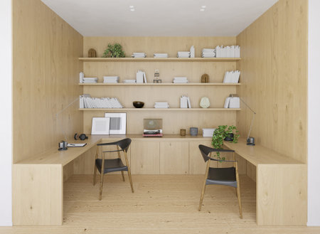 Productive home workspace design, ample storage on wooden shelves, comfortable chair. 3D rendering.の写真素材