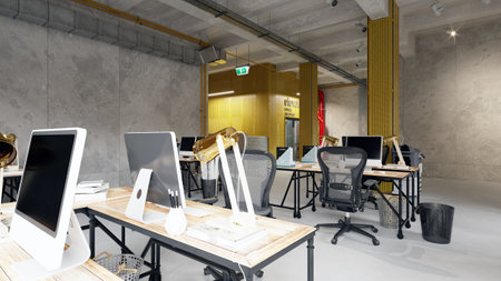 Modern industrial loft office, workstations, natural light, promoting a creative environment. 3D rendering.の写真素材