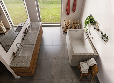 High angle view of modern bathroom, plants, bright contemporary space.の写真素材