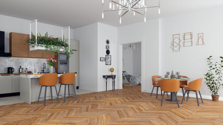 Bright modern co-working space or cafe with orange chairs, collaborative atmosphere.
