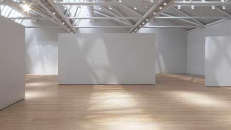 Sunlit empty gallery space, shadows play on wooden floor, white walls. 3D rendering.の写真素材
