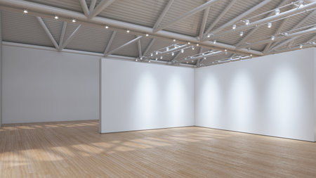 Spacious empty exhibition hall, natural wood flooring, white walls, awaiting exhibits. 3D rendering.の写真素材