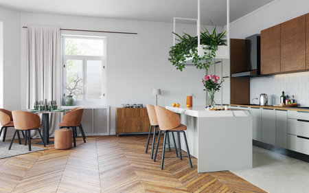 Bright modern kitchen dining area with island, wooden accents, open space. 3D rendering.の写真素材