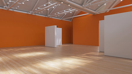 Contemporary exhibition space featuring bold orange overhead design element, 3D rendering.の写真素材