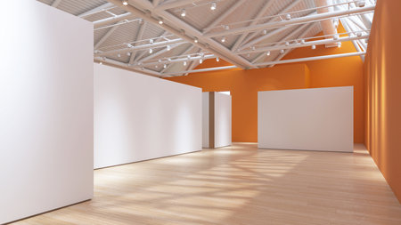 Flowing orange architectural element in minimalist exhibition space, 3D rendering.の写真素材